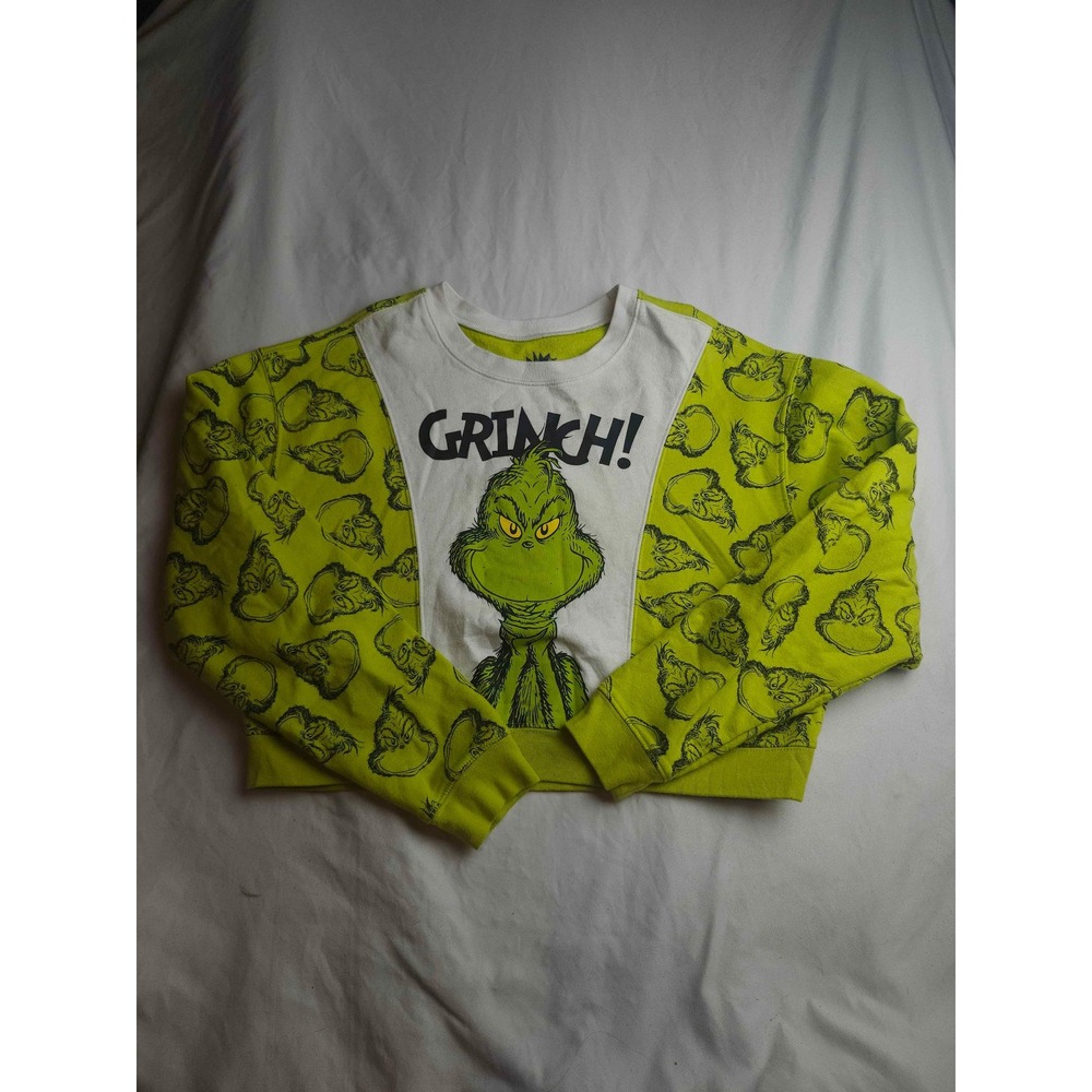 The Grinch Dr Seuss Cropped Sweatshirt XL Lime Green All Over Print Pullover‎